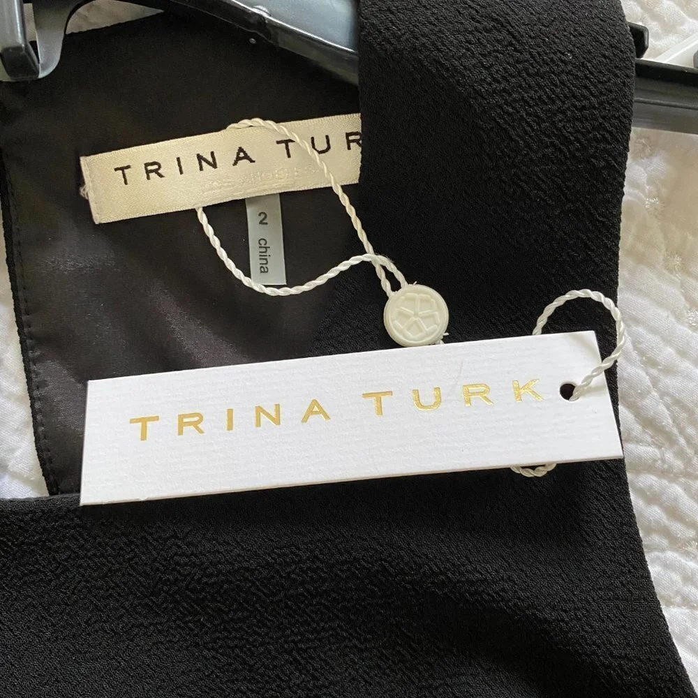NWT Trina Turk Black Gold Trim Sleeveless Shift Mini Cocktail Dress, Sz 2